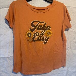 Take It Easy Floral Graphic Tee - Orange Women’s Short Sleeve Top